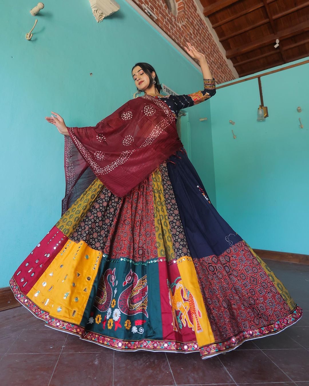 Navy Blue & Multi-Color Kalamkari Patchwork Designer Chaniya Choli Set with Maroon Bandhani Dupatta