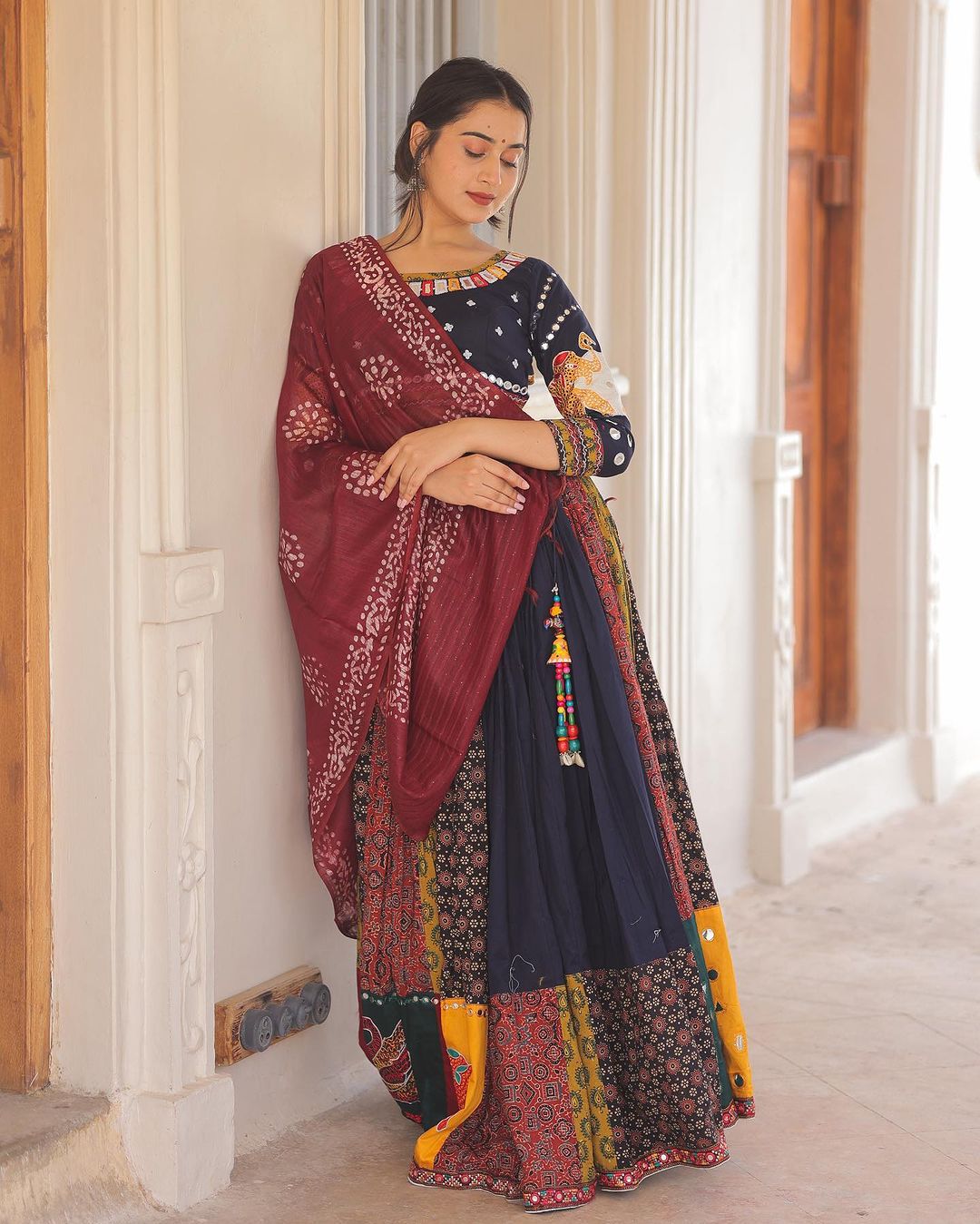 Navy Blue & Multi-Color Kalamkari Patchwork Designer Chaniya Choli Set with Maroon Bandhani Dupatta