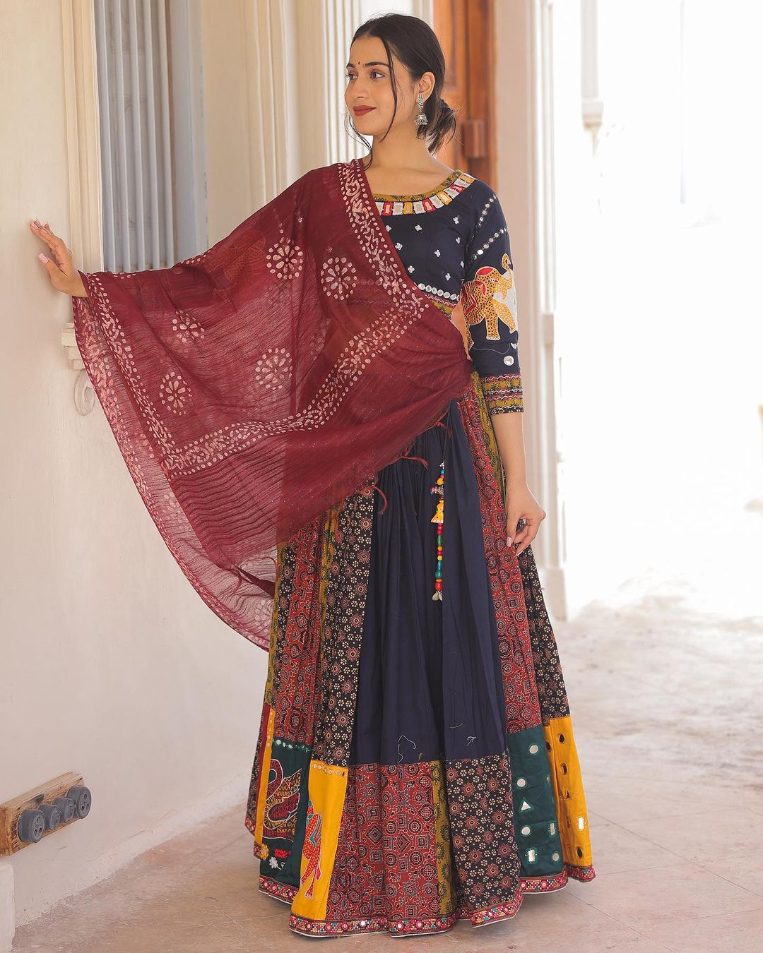 Navy Blue & Multi-Color Kalamkari Patchwork Designer Chaniya Choli Set with Maroon Bandhani Dupatta