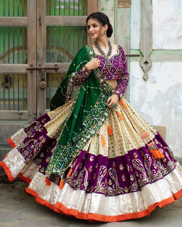 Purple & Beige Mirror Work Designer Chaniya Choli Set with Emerald Green Dupatta