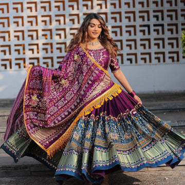 Purple & Teal Blue Kalamkari Print Handcrafted Chaniya Choli Set with Bandhani Dupatta