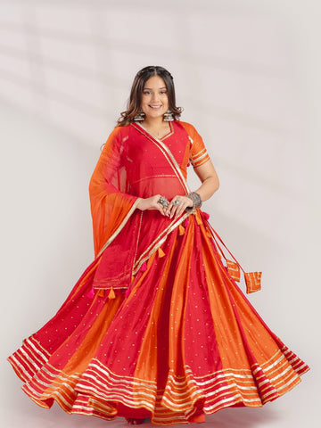 Vibrant Red & Orange Panel Chaniya Choli with Gota Patti & Tassel Details