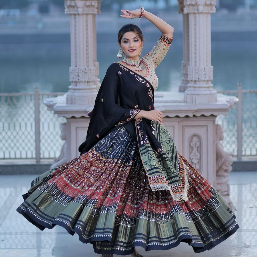 Beige & Black Ajrakh Print Designer Chaniya Choli Set with Mirror Work