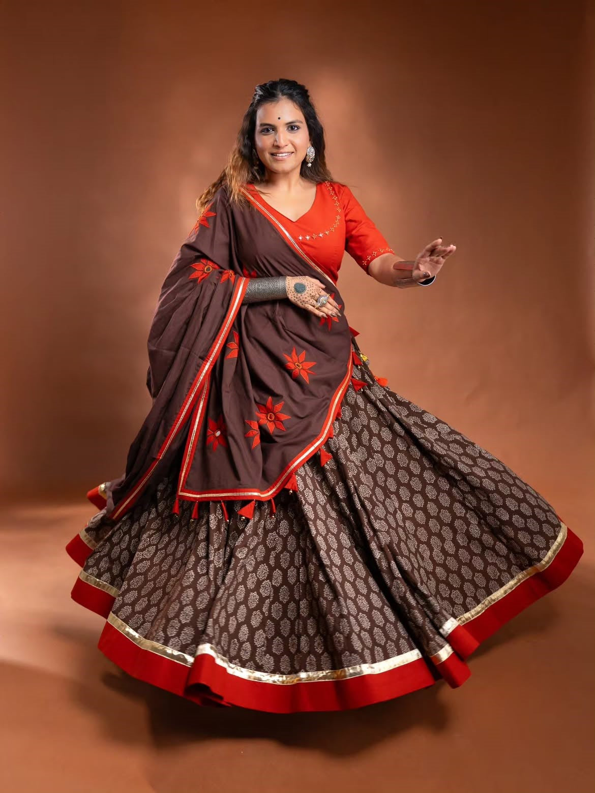 Traditional Block Print Brown Chaniya Choli with Embroidered Red Dupatta