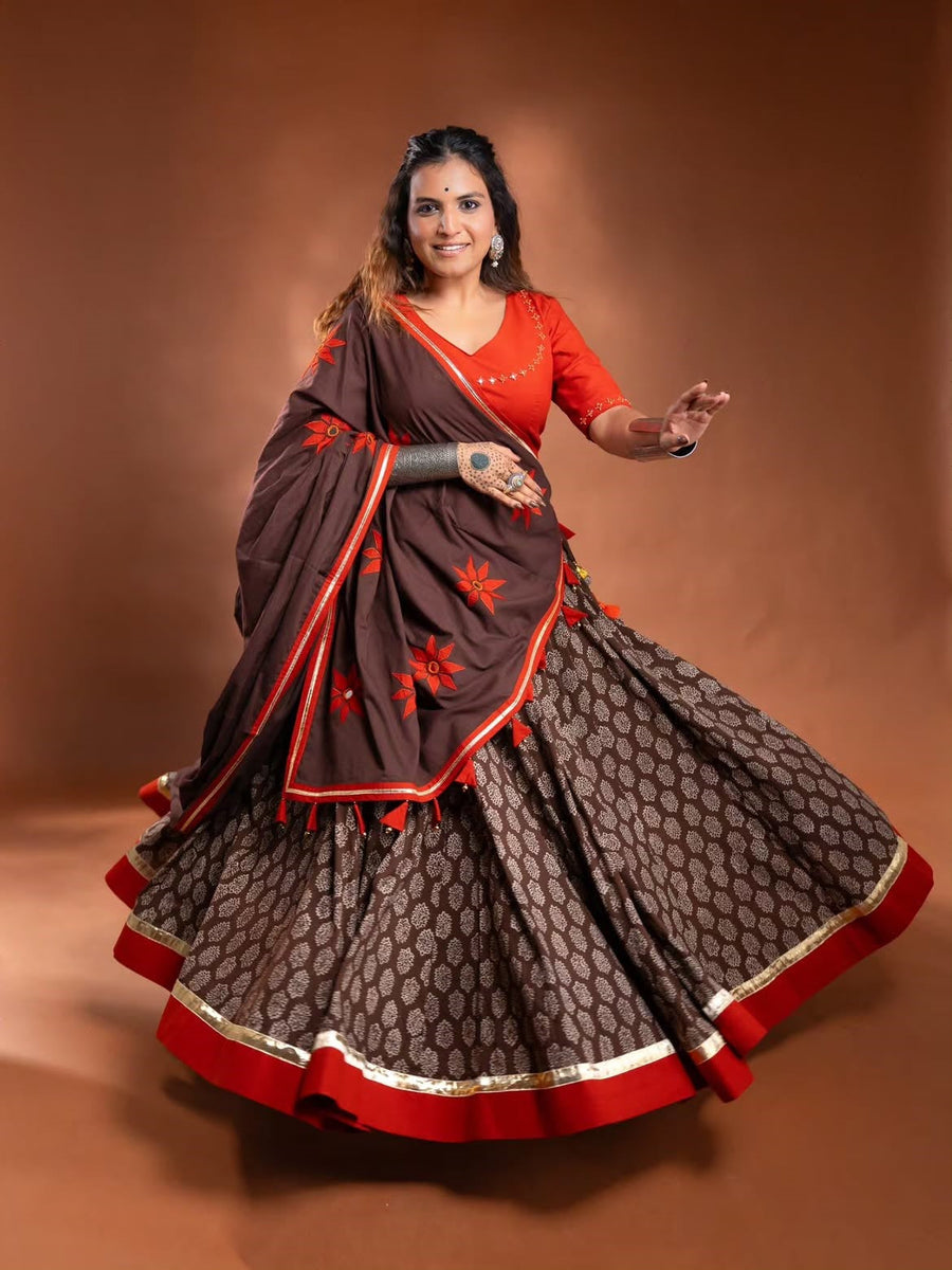 Traditional Block Print Brown Chaniya Choli with Embroidered Red Dupatta