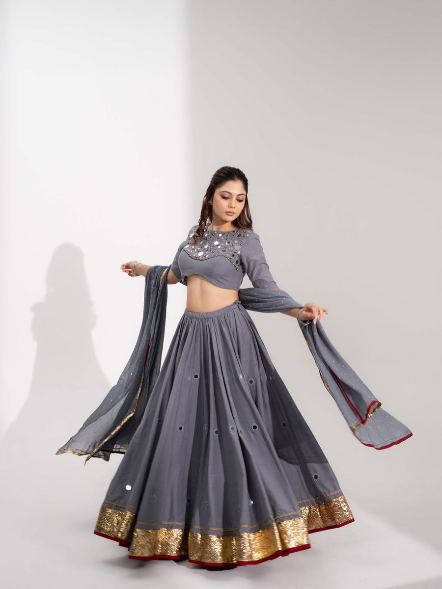 Mirror Work Cotton Silk Lehenga Set in Slate Grey