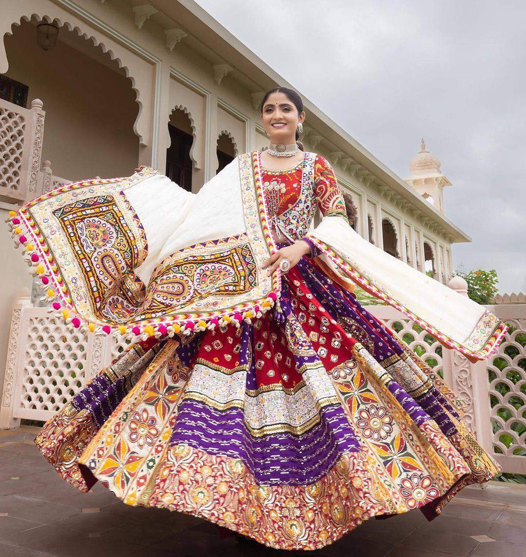 Purple & Red Bandhani Patchwork Kutchi Mirror Work Designer Chaniya Choli Se