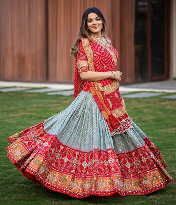 Title Grey & Red Bandhani Print Handcrafted Mirror Work Chaniya Choli Set