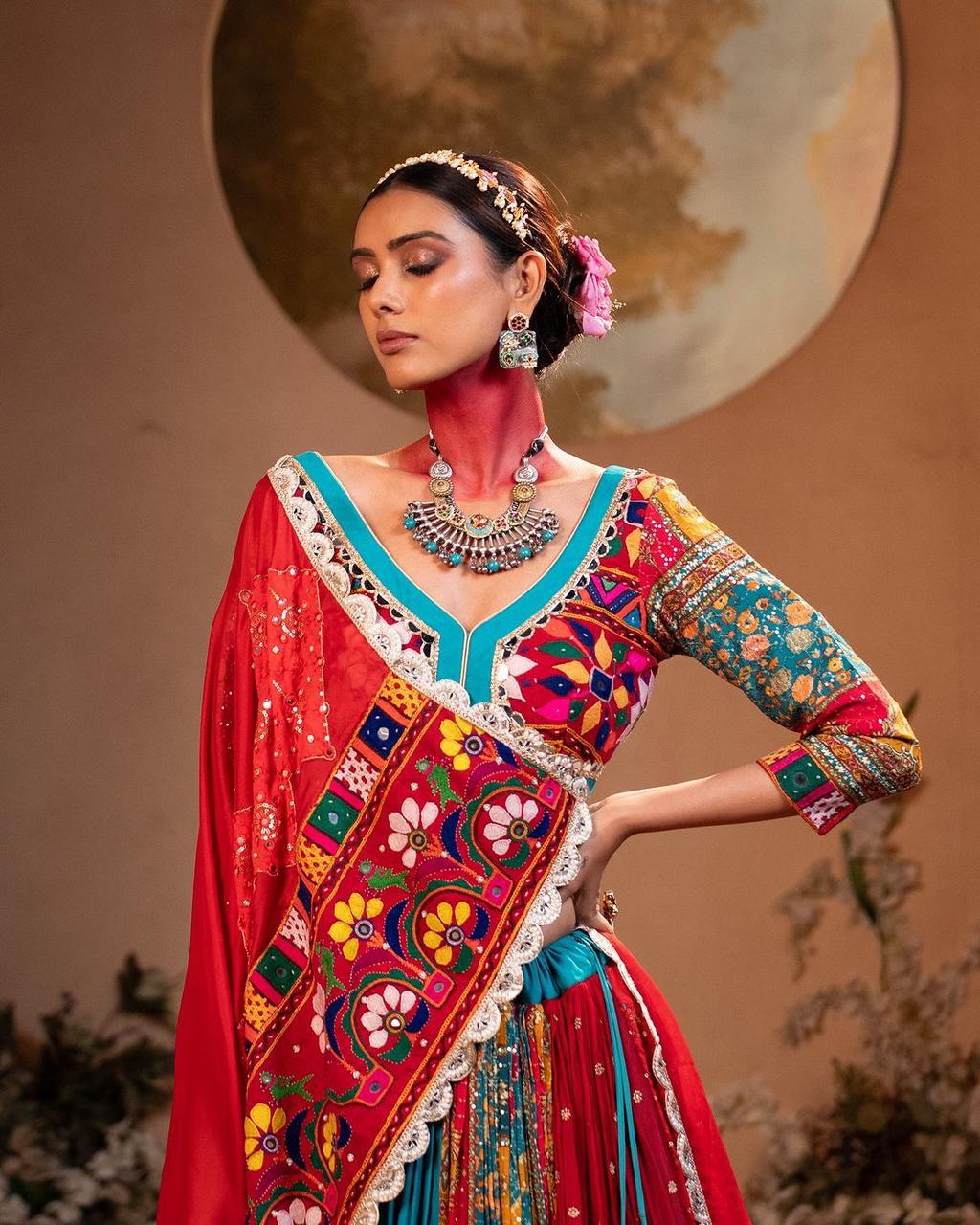 Teal & Red Half-and-Half Patchwork Designer Chaniya Choli Set