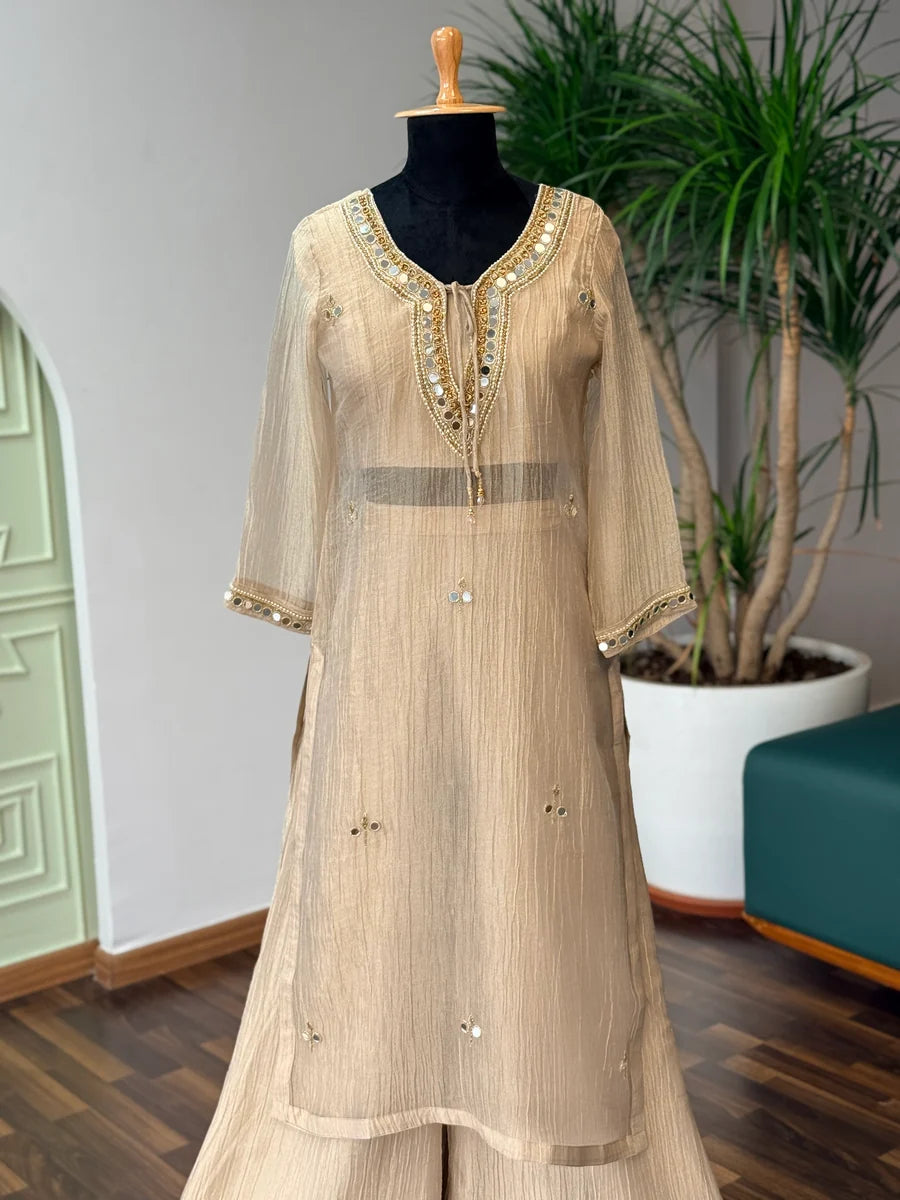 Dusty Champagne Gold Handwork Necklace Sharara set
