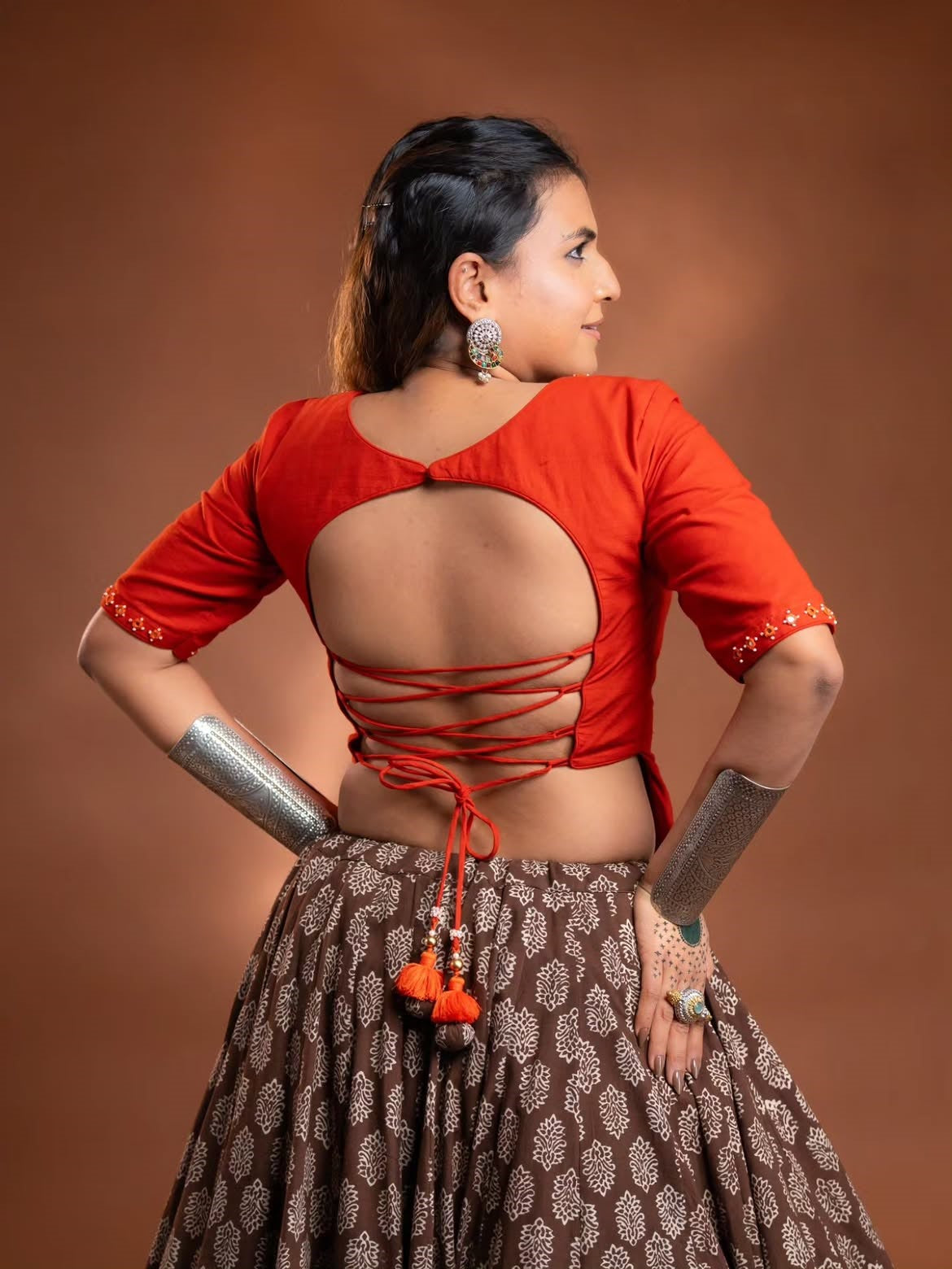 Traditional Block Print Brown Chaniya Choli with Embroidered Red Dupatta