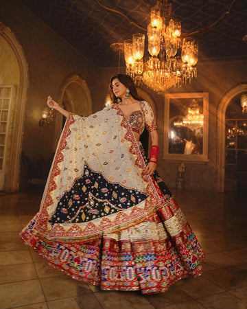 Off-White & Navy Blue Handcrafted Mirror Work Designer Chaniya Choli Set