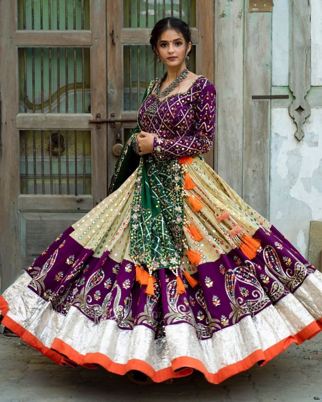 Purple & Beige Mirror Work Designer Chaniya Choli Set with Emerald Green Dupatta