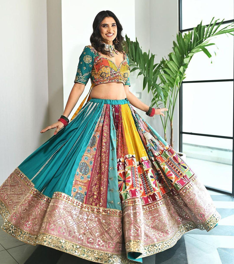 Teal & Multi-Color Patchwork Designer Chaniya Choli Set with Gota Patti Border
