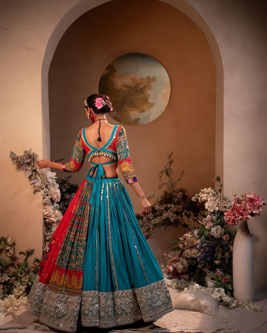 Teal & Red Half-and-Half Patchwork Designer Chaniya Choli Set