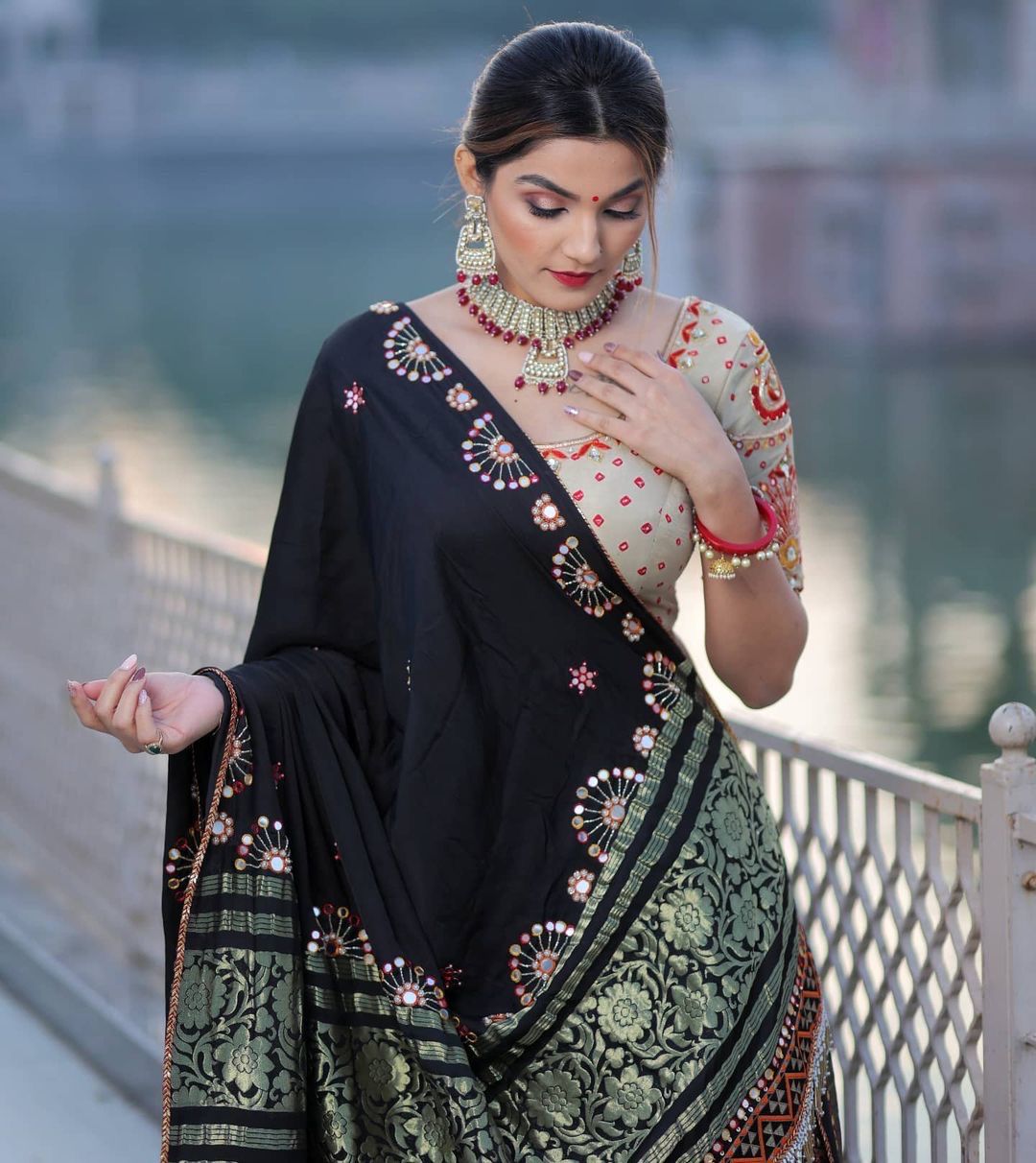 Beige & Black Ajrakh Print Designer Chaniya Choli Set with Mirror Work