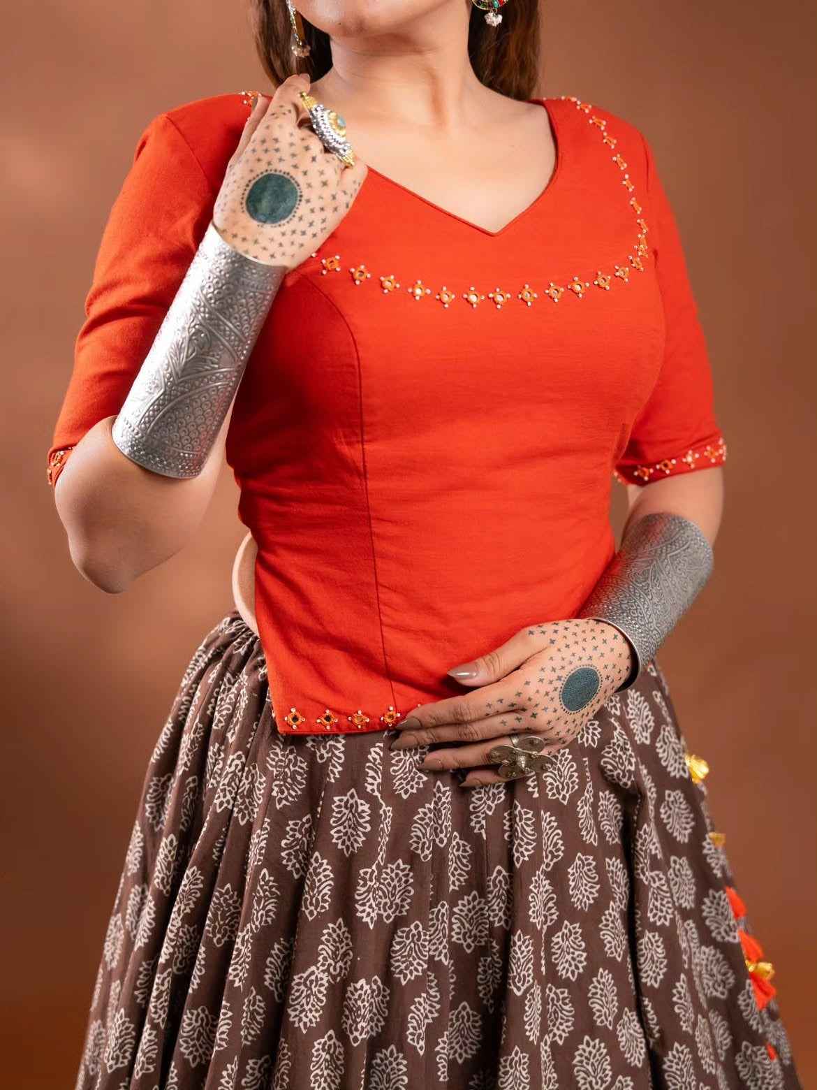 Traditional Block Print Brown Chaniya Choli with Embroidered Red Dupatta