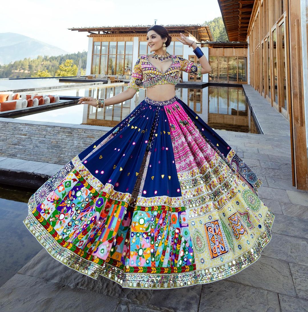 Royal Blue Traditional Patchwork & Kutchi Mirror Work Designer Chaniya Choli Set