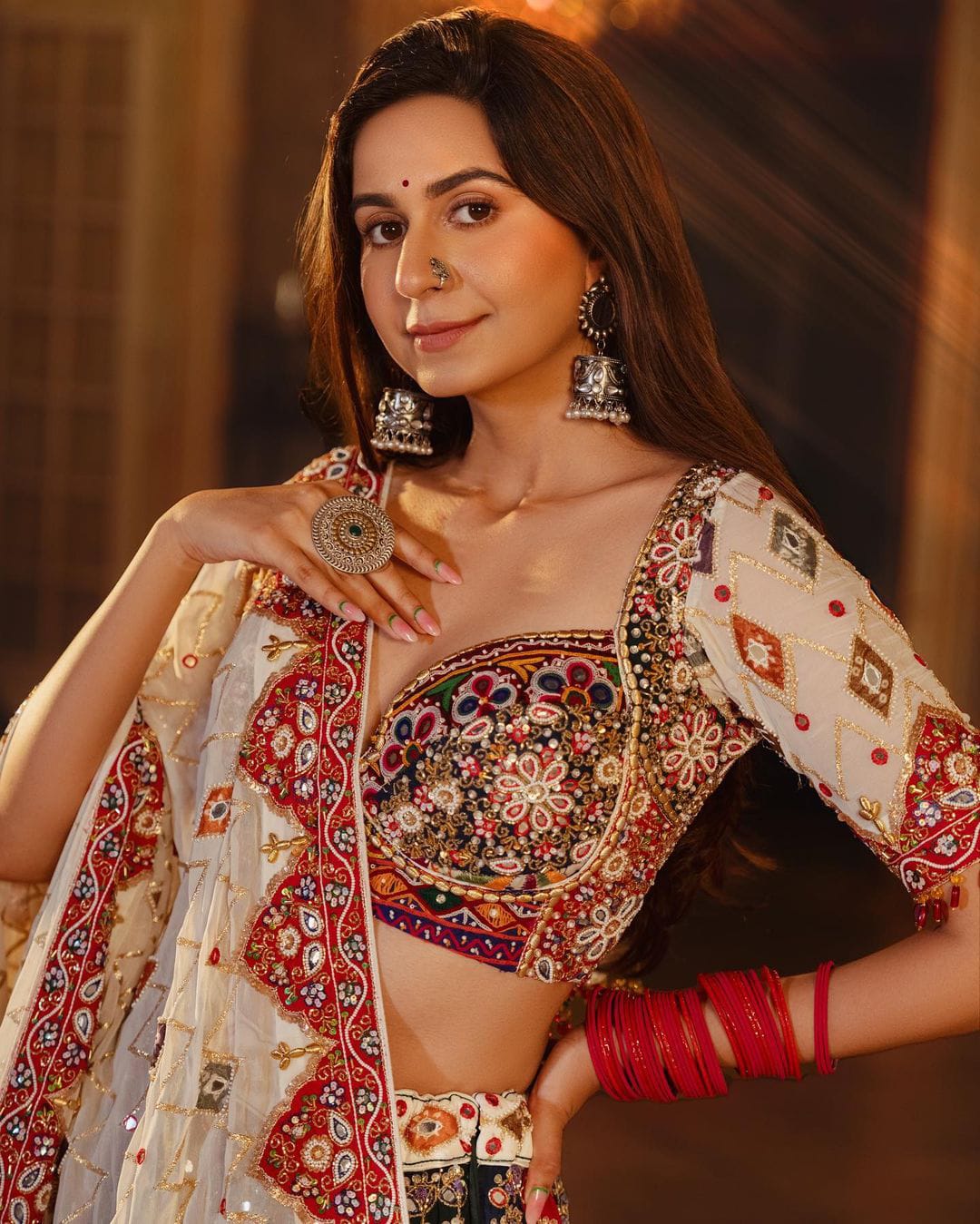 Off-White & Navy Blue Handcrafted Mirror Work Designer Chaniya Choli Set