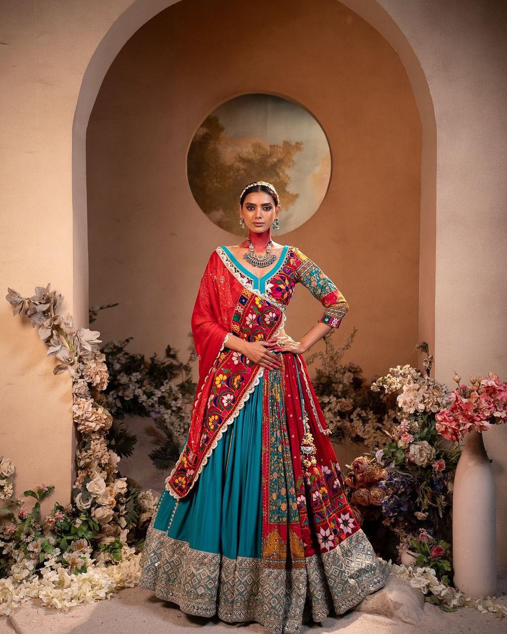 Teal & Red Half-and-Half Patchwork Designer Chaniya Choli Set