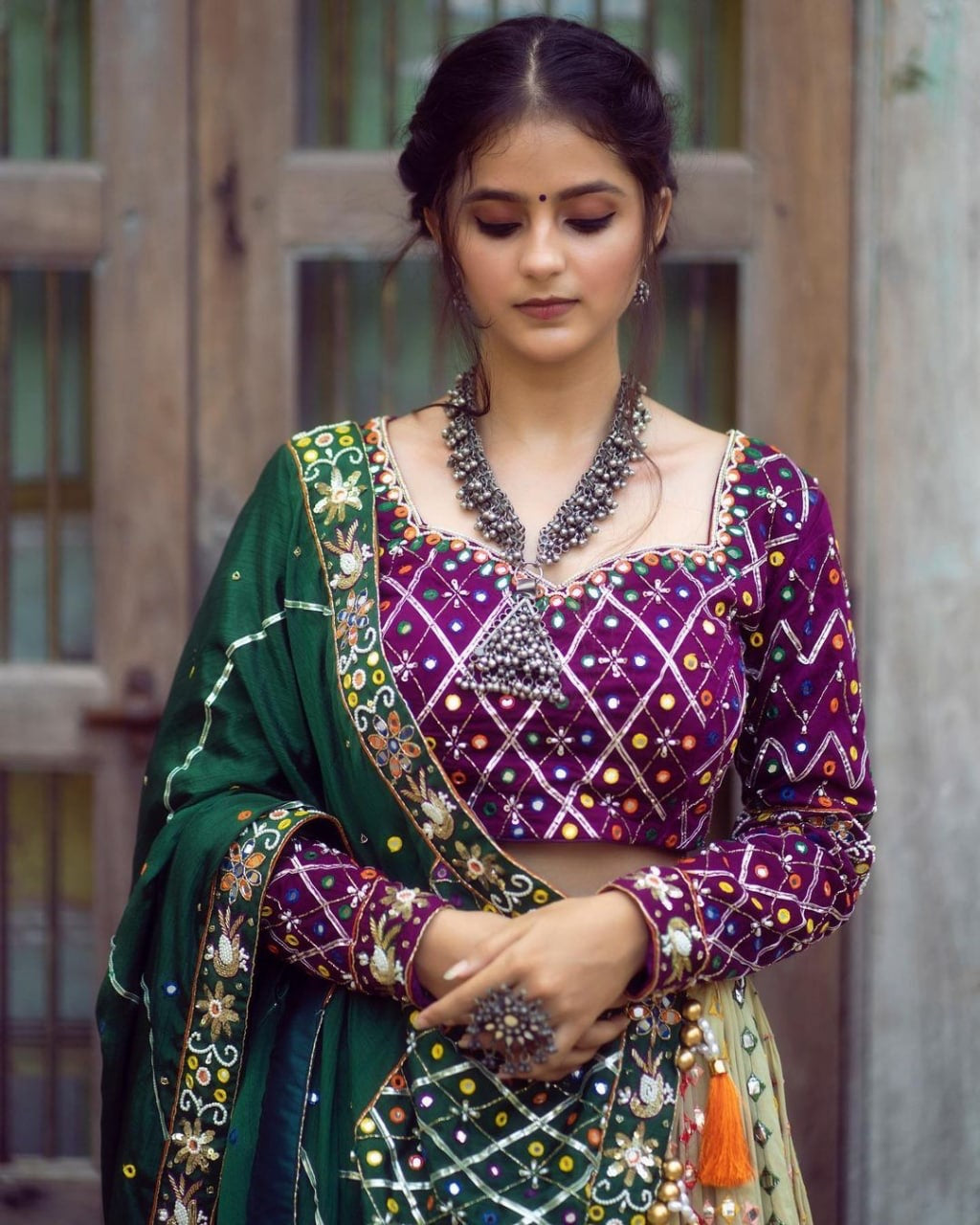 Purple & Beige Mirror Work Designer Chaniya Choli Set with Emerald Green Dupatta