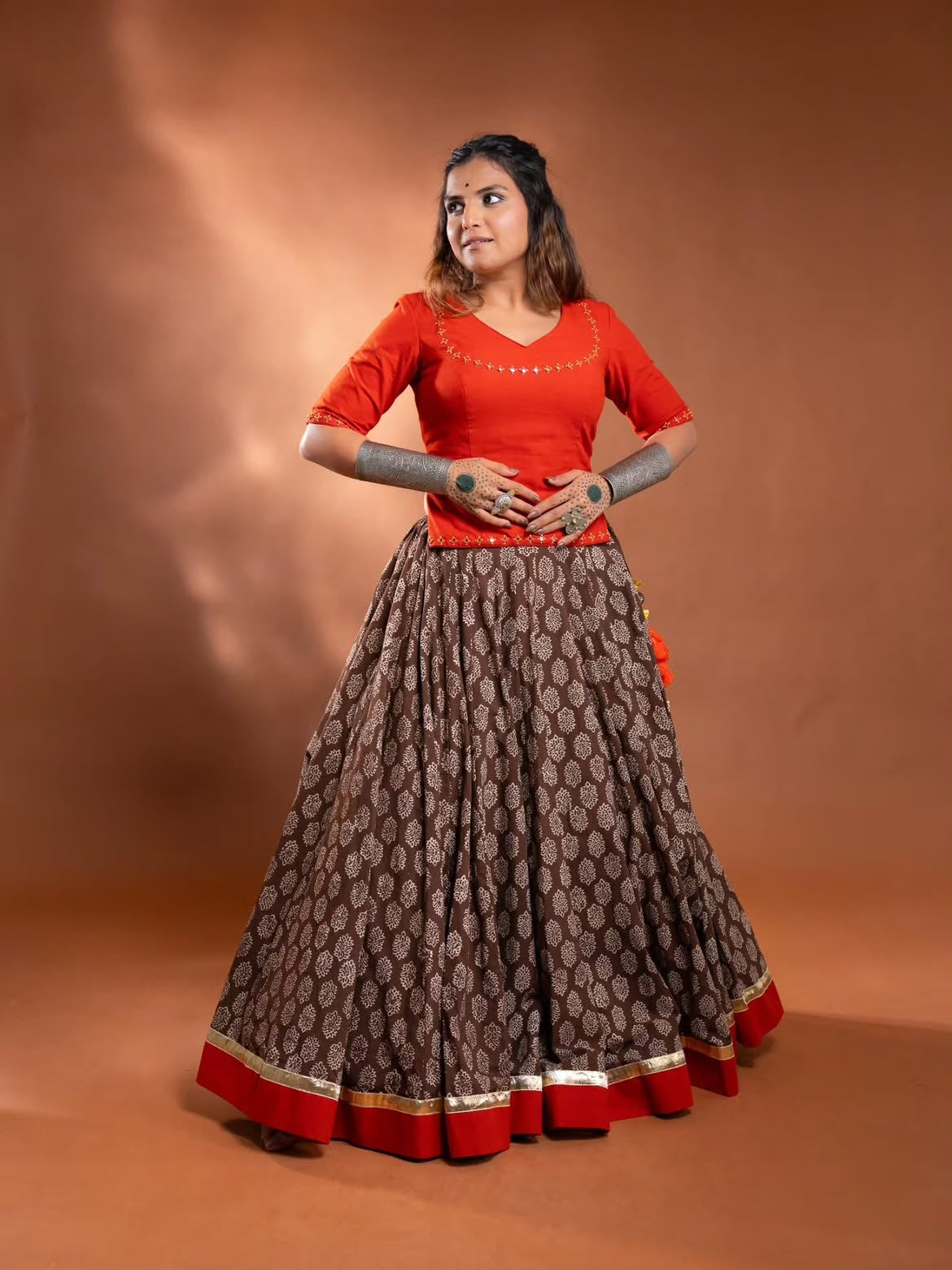 Traditional Block Print Brown Chaniya Choli with Embroidered Red Dupatta