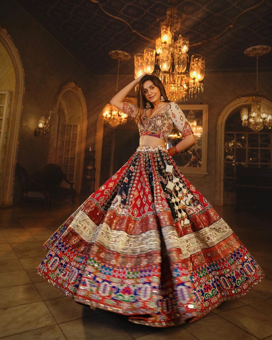 Off-White & Navy Blue Handcrafted Mirror Work Designer Chaniya Choli Set
