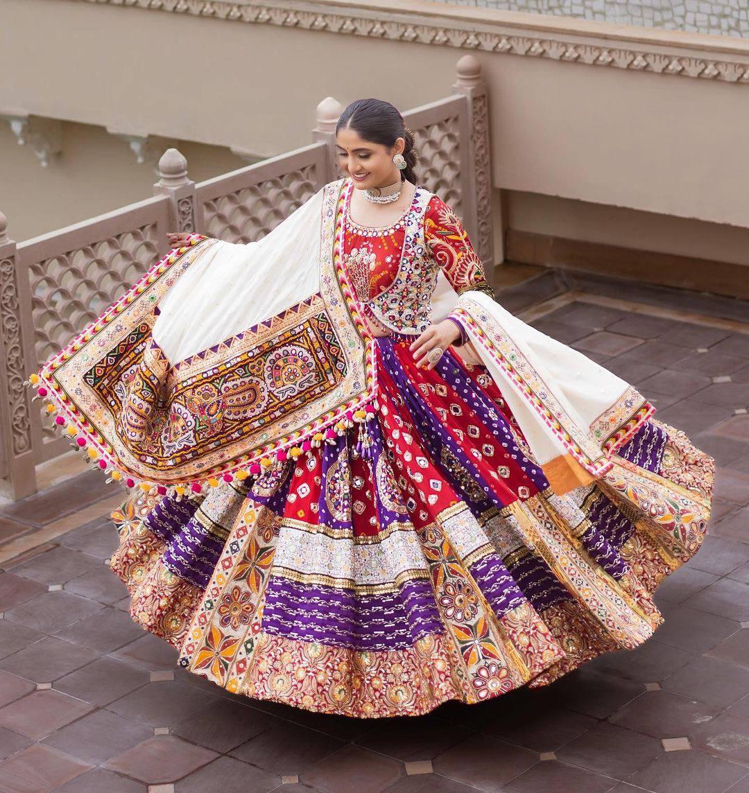 Purple & Red Bandhani Patchwork Kutchi Mirror Work Designer Chaniya Choli Se