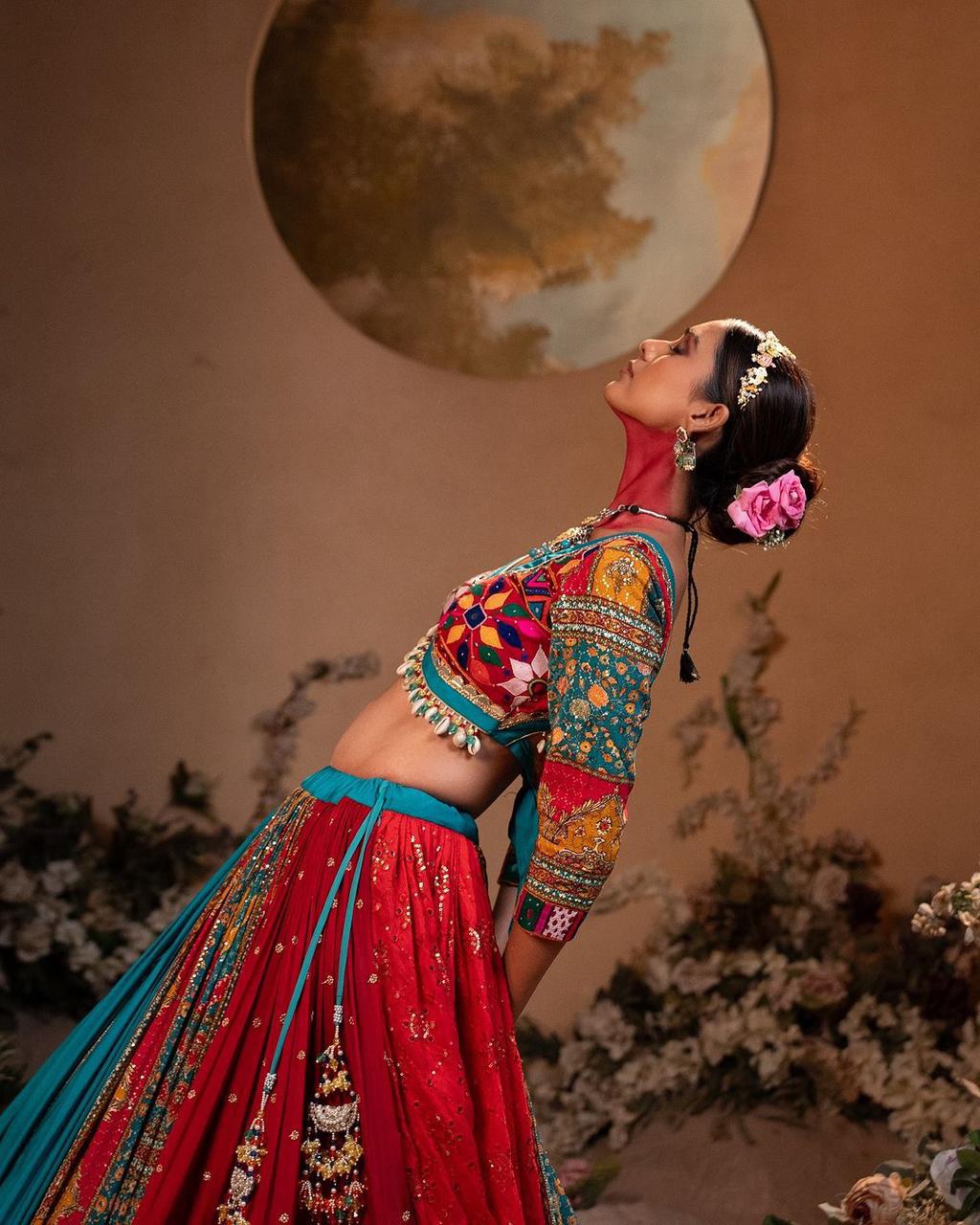 Teal & Red Half-and-Half Patchwork Designer Chaniya Choli Set