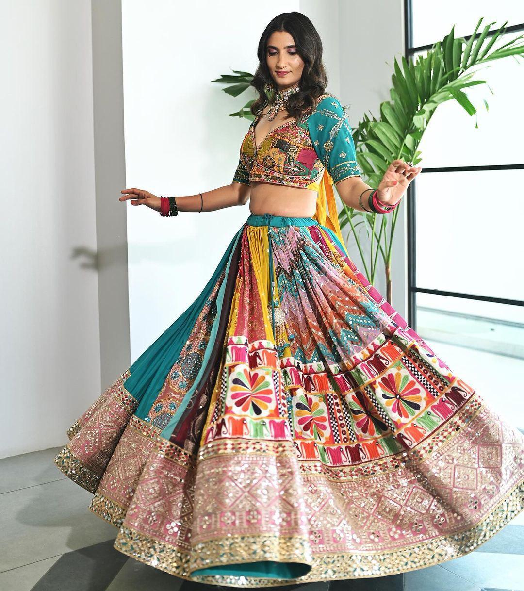 Teal & Multi-Color Patchwork Designer Chaniya Choli Set with Gota Patti Border
