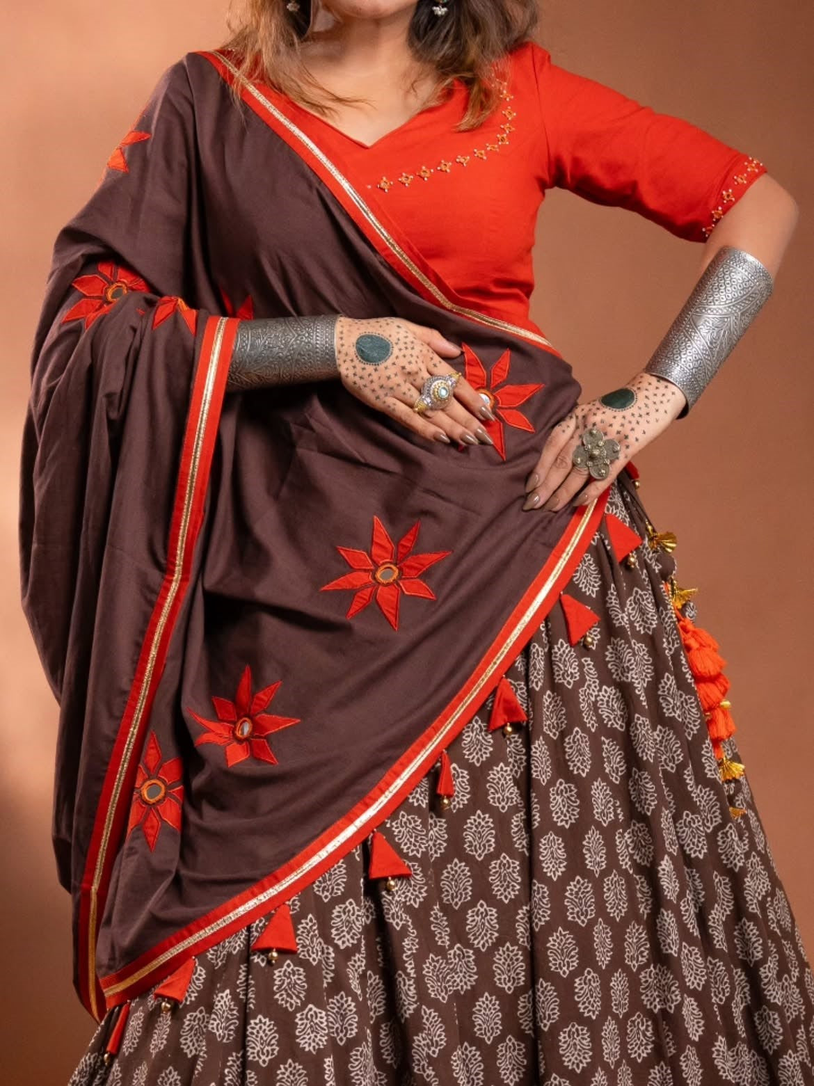 Traditional Block Print Brown Chaniya Choli with Embroidered Red Dupatta