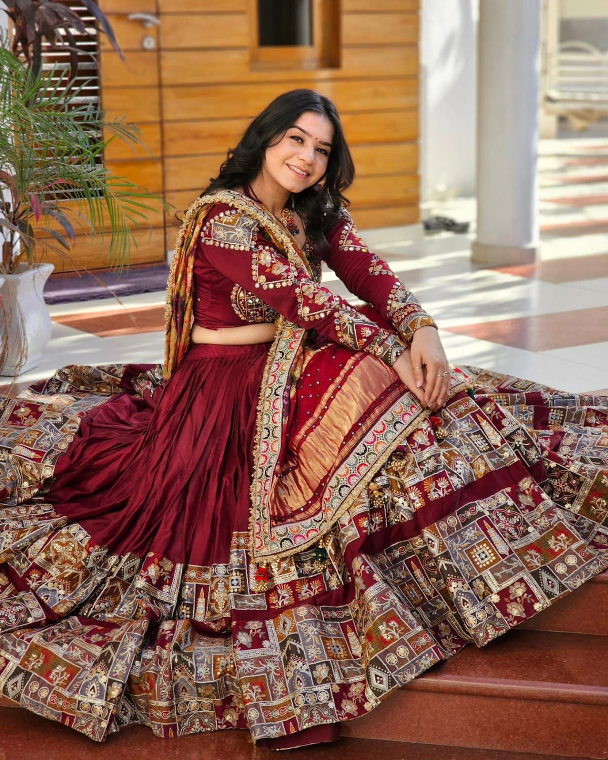 Maroon Traditional Patchwork & Mirror Work Designer Chaniya Choli Set (Navratri / Wedding Ethnic Wear)