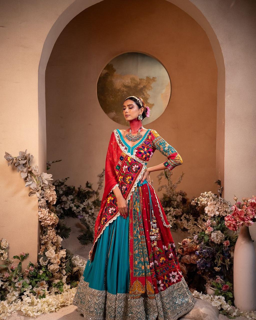 Teal & Red Half-and-Half Patchwork Designer Chaniya Choli Set