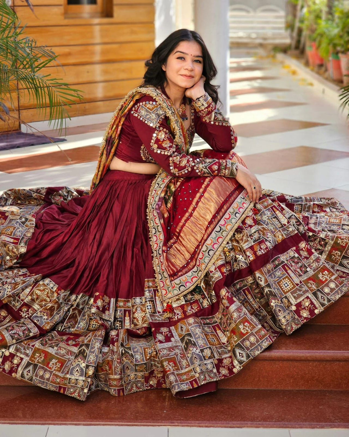 Maroon Traditional Patchwork & Mirror Work Designer Chaniya Choli Set (Navratri / Wedding Ethnic Wear)