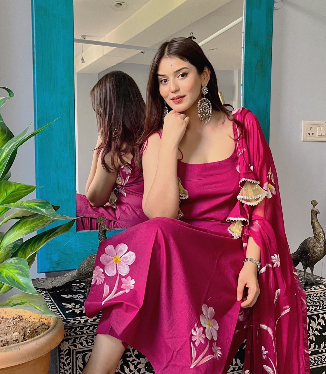 Magenta Floral Handpainted Salwar Suit for Women Party Wear