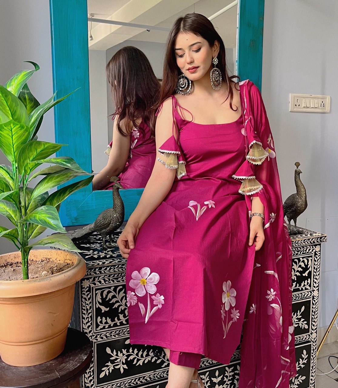 Magenta Floral Handpainted Salwar Suit for Women Party Wear