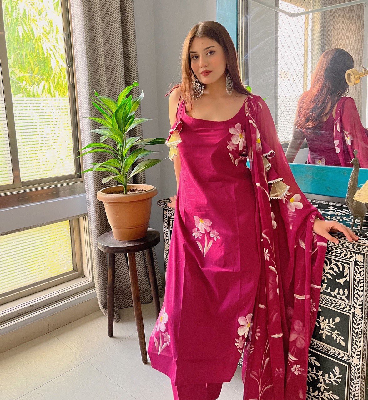 Magenta Floral Handpainted Salwar Suit for Women Party Wear