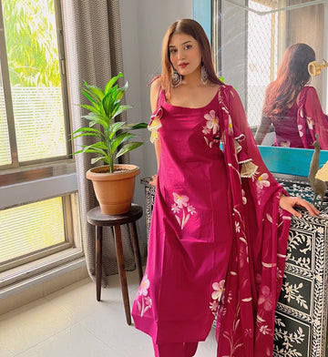Magenta Floral Handpainted Salwar Suit for Women Party Wear