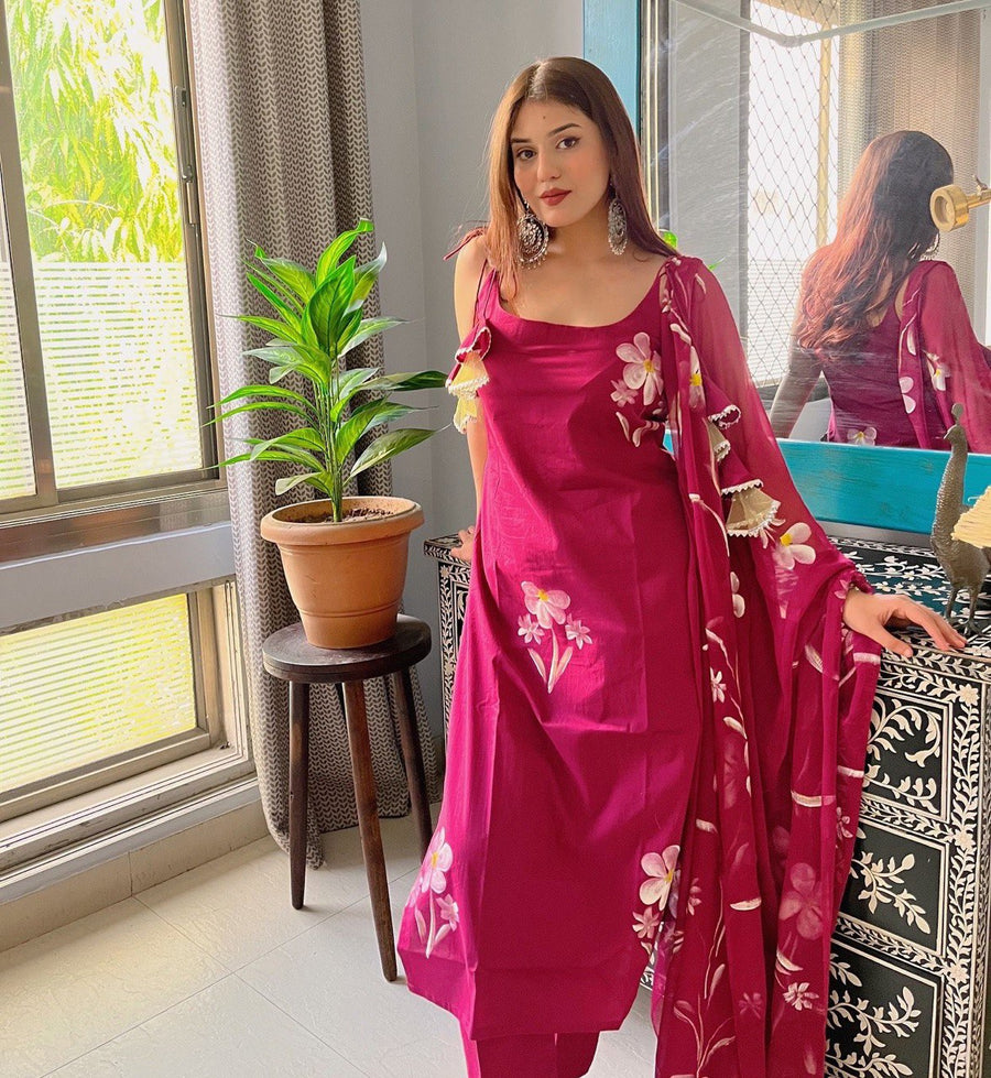 Magenta Floral Handpainted Salwar Suit for Women Party Wear