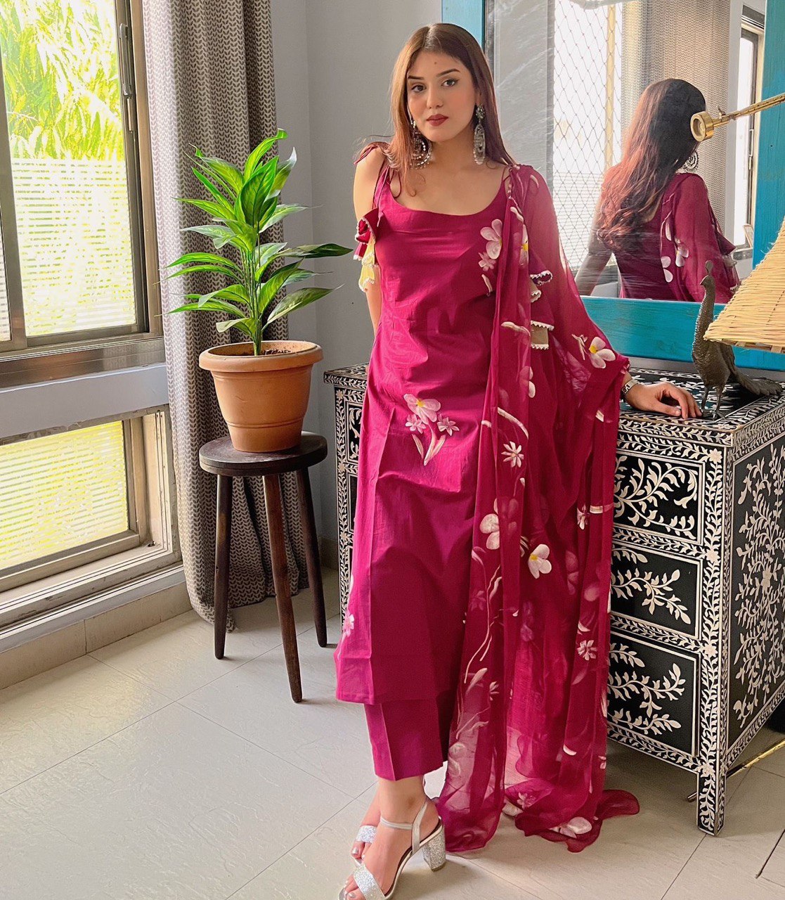 Magenta Floral Handpainted Salwar Suit for Women Party Wear