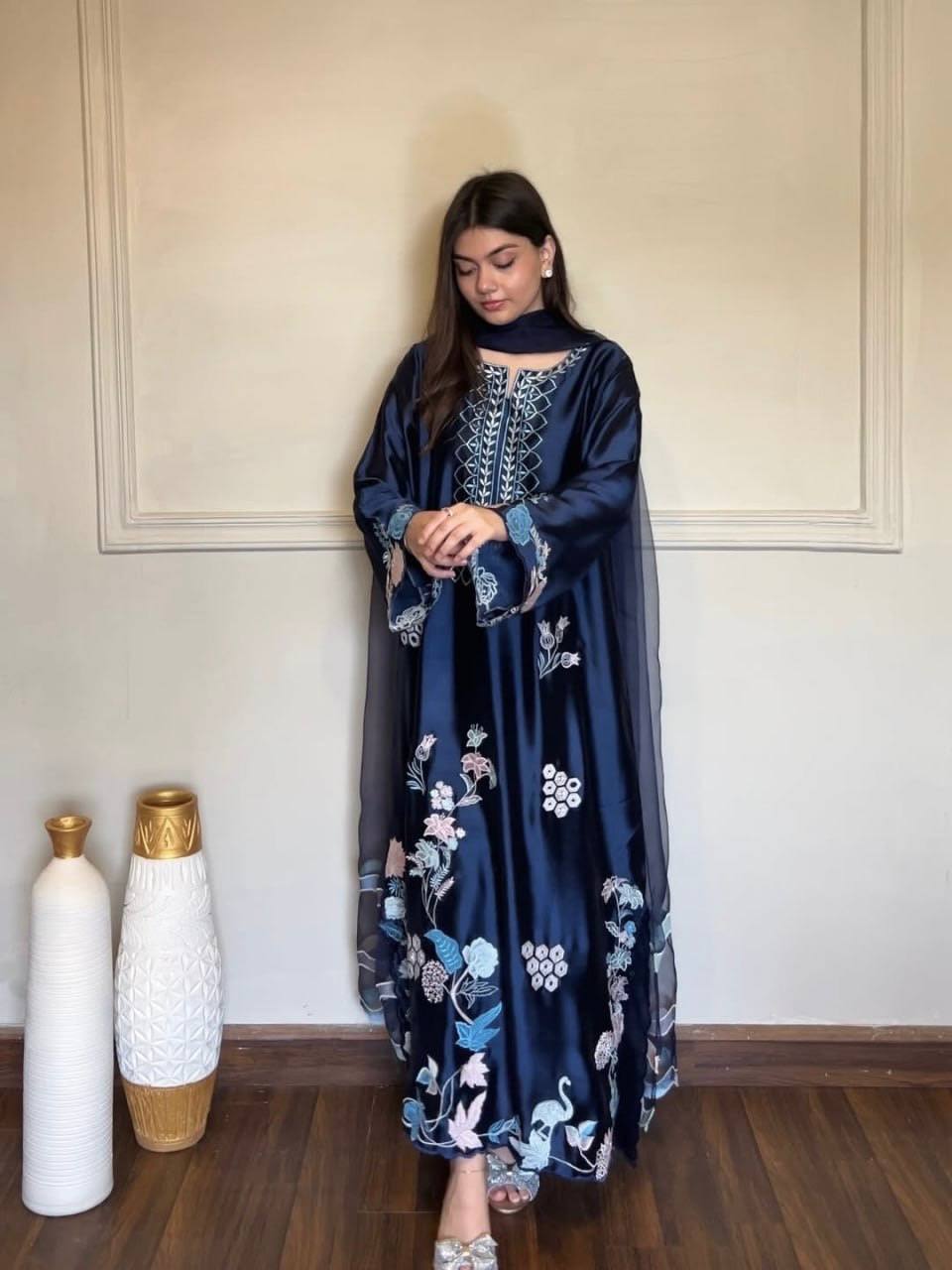 Dark Blue Jura Silk Pakistani Suit Party Wear Salwar Kameez