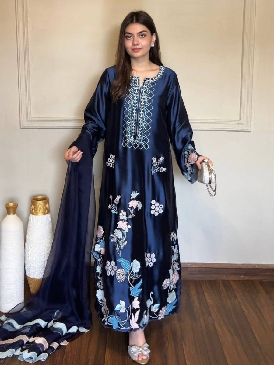 Dark Blue Jura Silk Pakistani Suit Party Wear Salwar Kameez