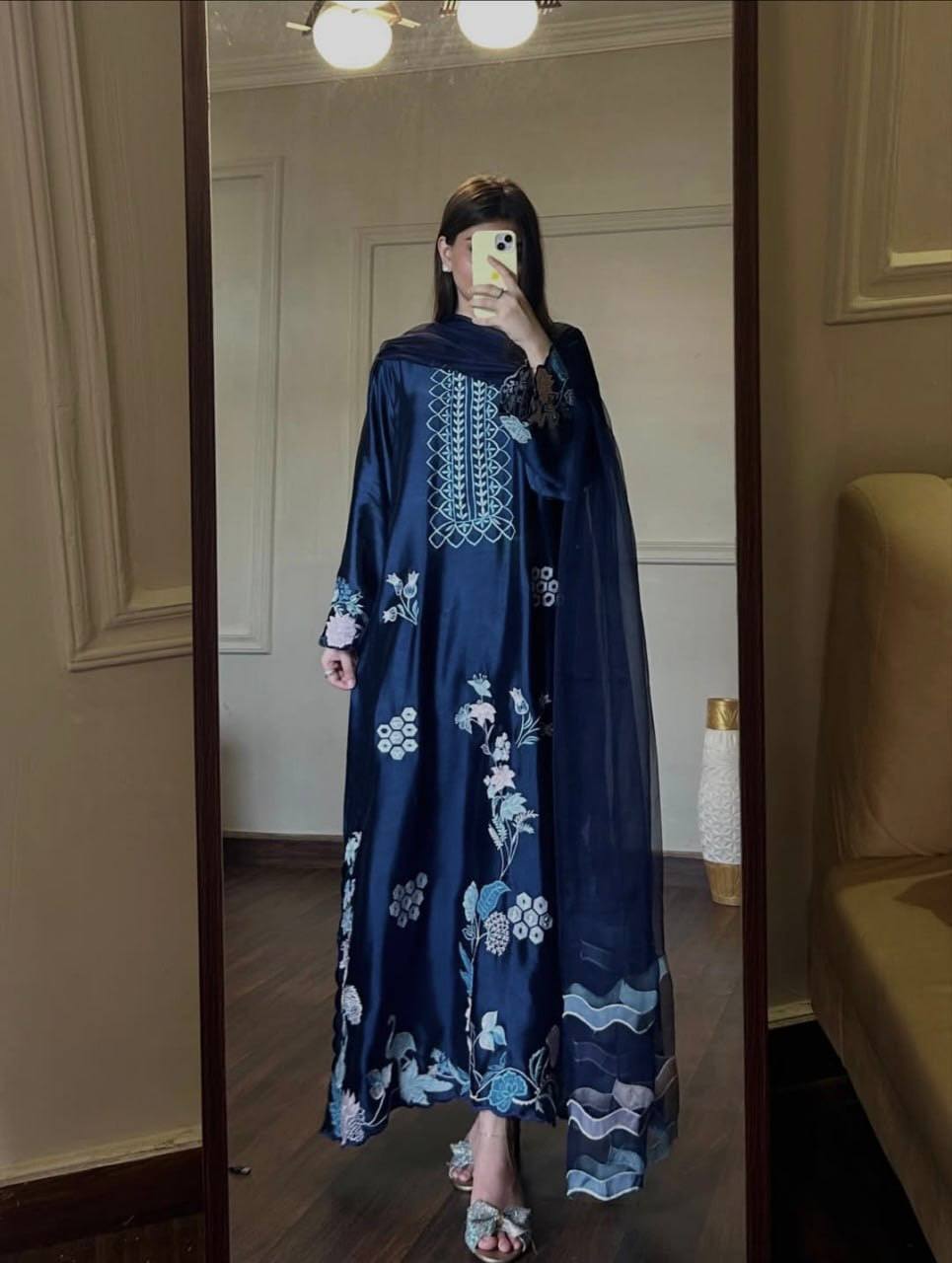 Dark Blue Jura Silk Pakistani Suit Party Wear Salwar Kameez