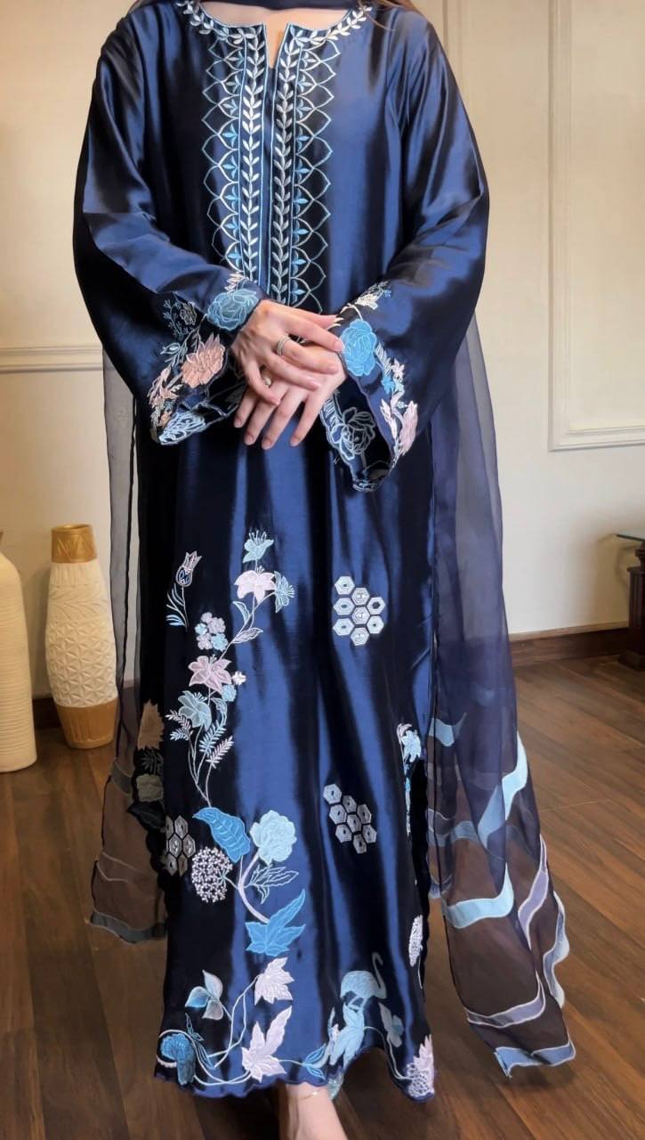 Dark Blue Jura Silk Pakistani Suit Party Wear Salwar Kameez