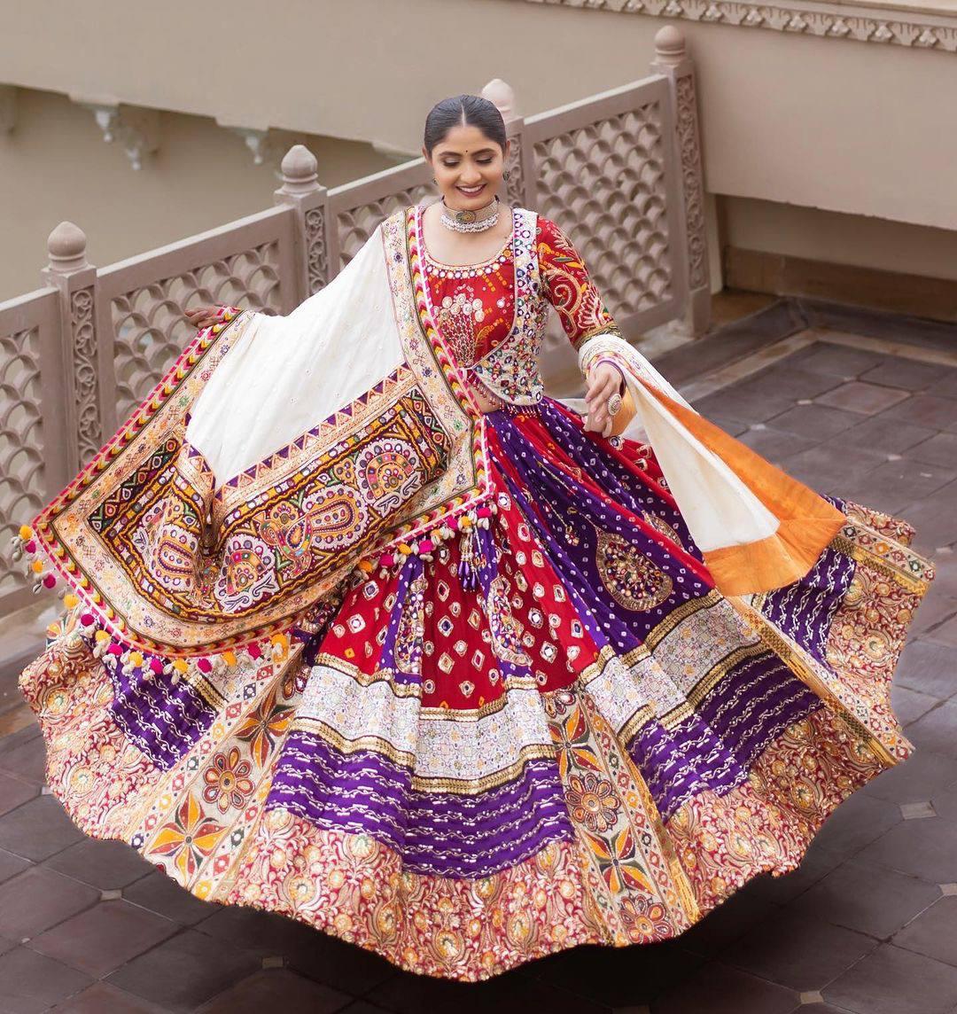 Purple & Red Bandhani Patchwork Kutchi Mirror Work Designer Chaniya Choli Se