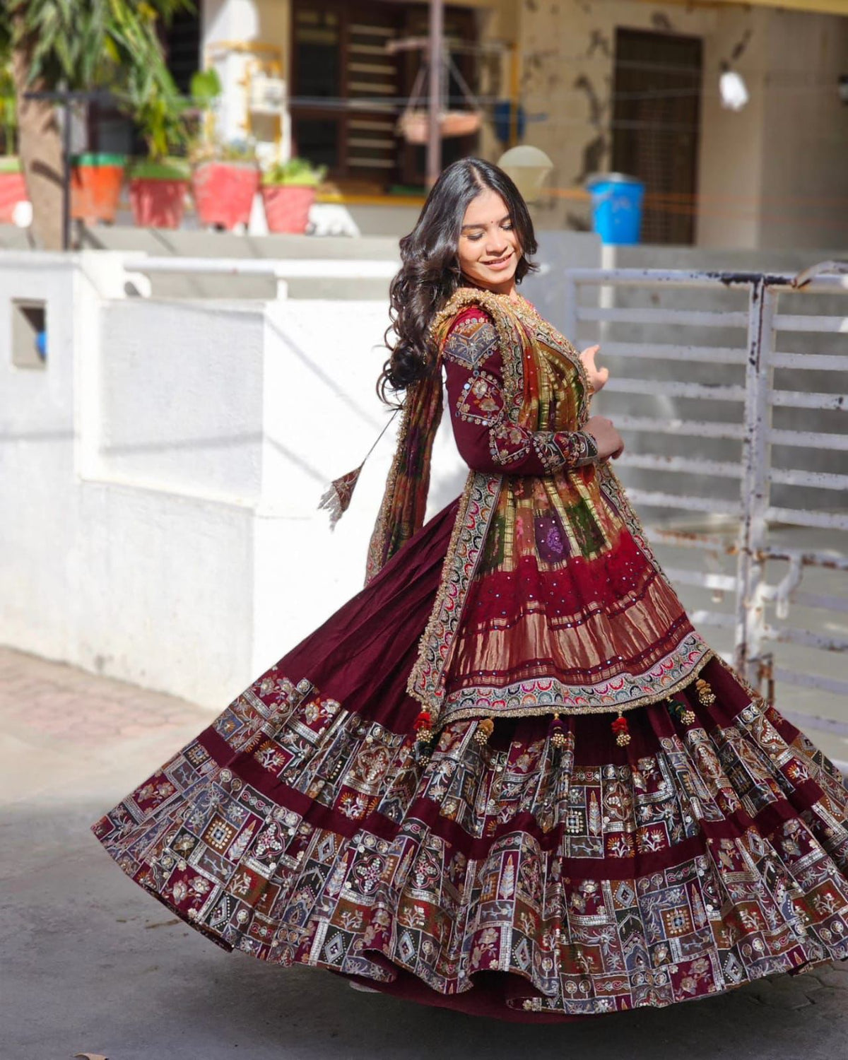 Maroon Traditional Patchwork & Mirror Work Designer Chaniya Choli Set (Navratri / Wedding Ethnic Wear)