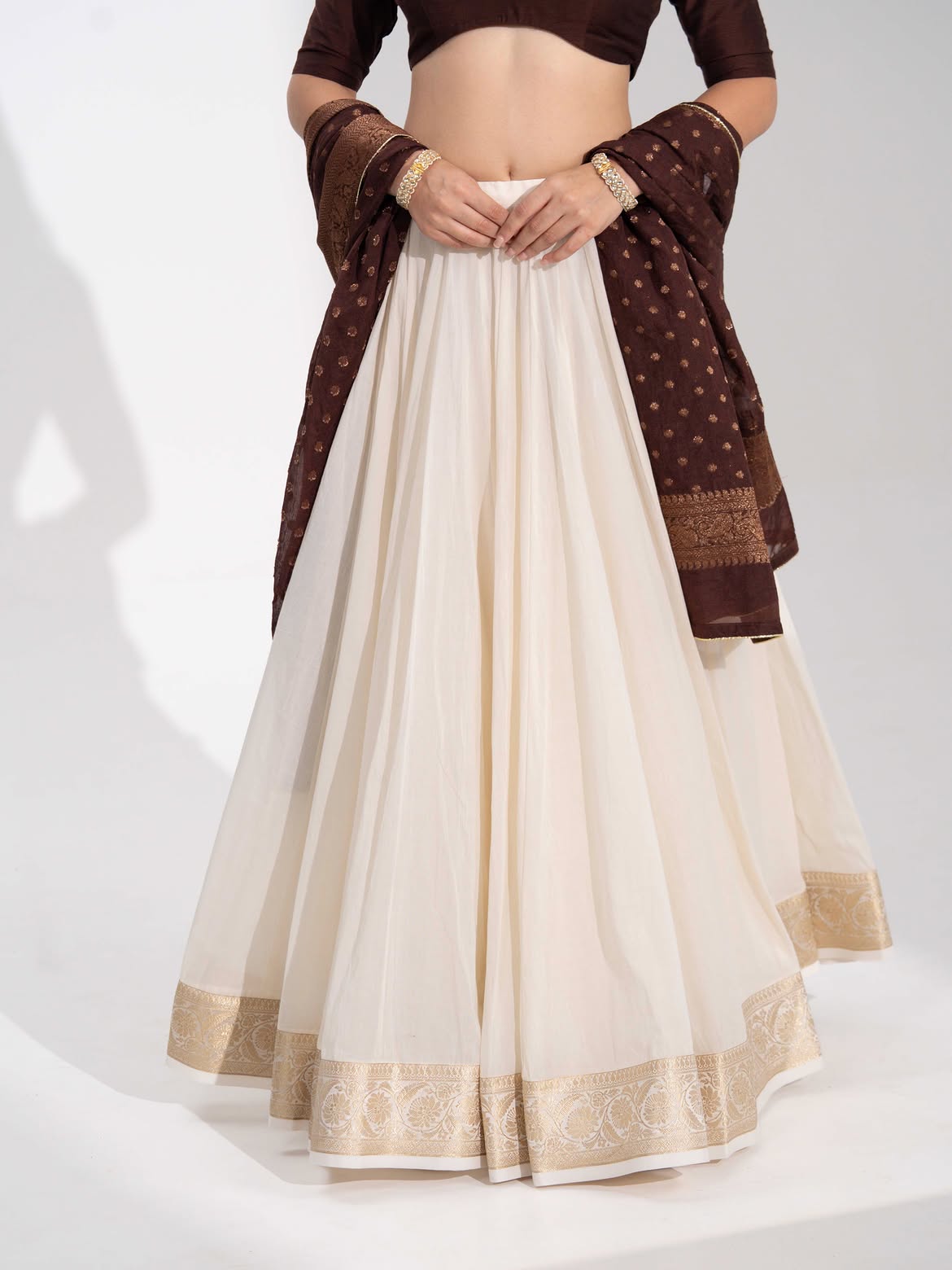 Chocolate Brown Mirror Work Blouse with Off-White Flared Lehenga & Dupatta Set
