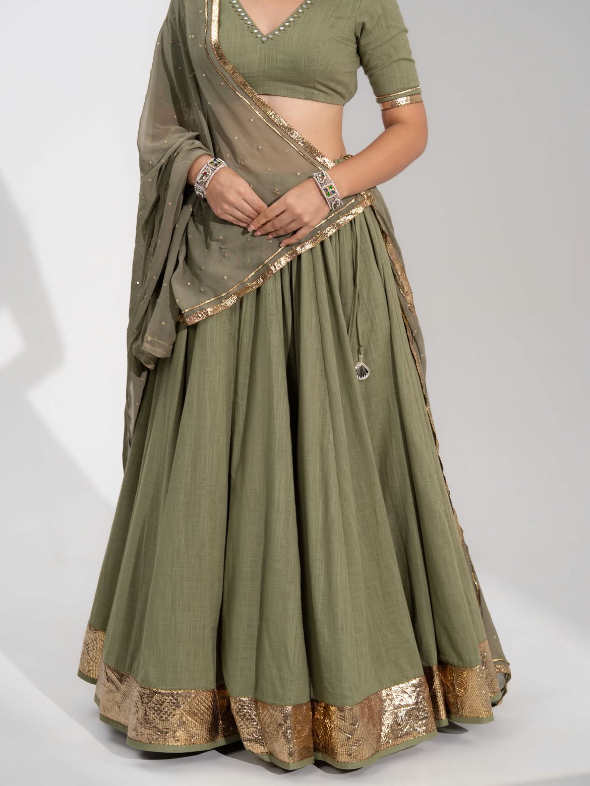 Olive Green V-Neck Lehenga Choli Set with Gold Sequined Border & Dupatta
