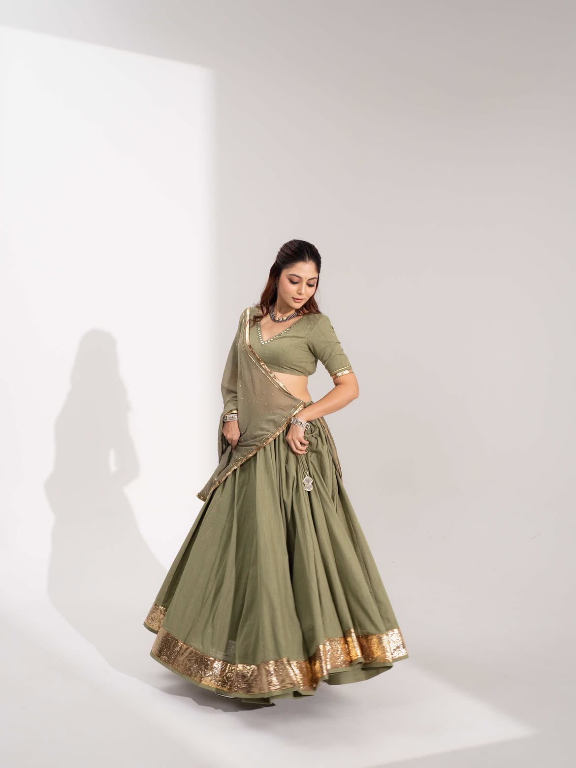 Olive Green V-Neck Lehenga Choli Set with Gold Sequined Border & Dupatta