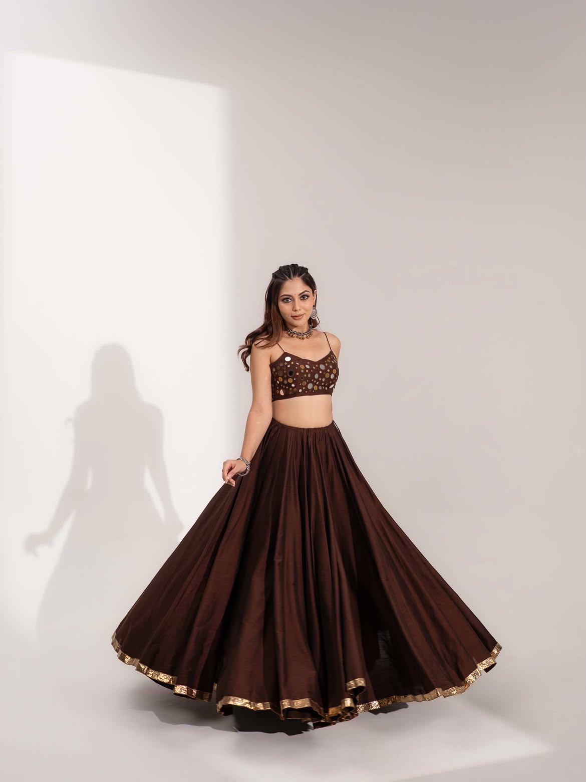 Mirror Work Silk Choli Set in Deep Chocolate Brown